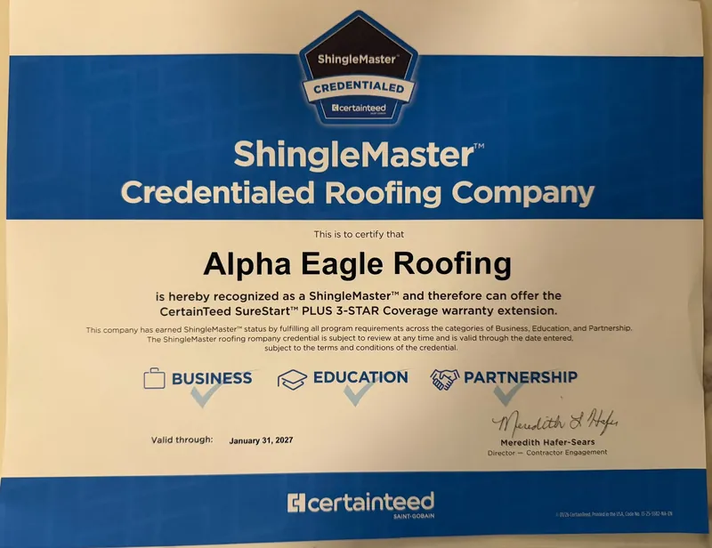 CertainTeed certificate: Alpha Eagle Roofing is a ShingleMaster credentialed roofing company and can offer the SureStart PLUS 3-Star Coverage warranty extension, valid through January 31, 2027